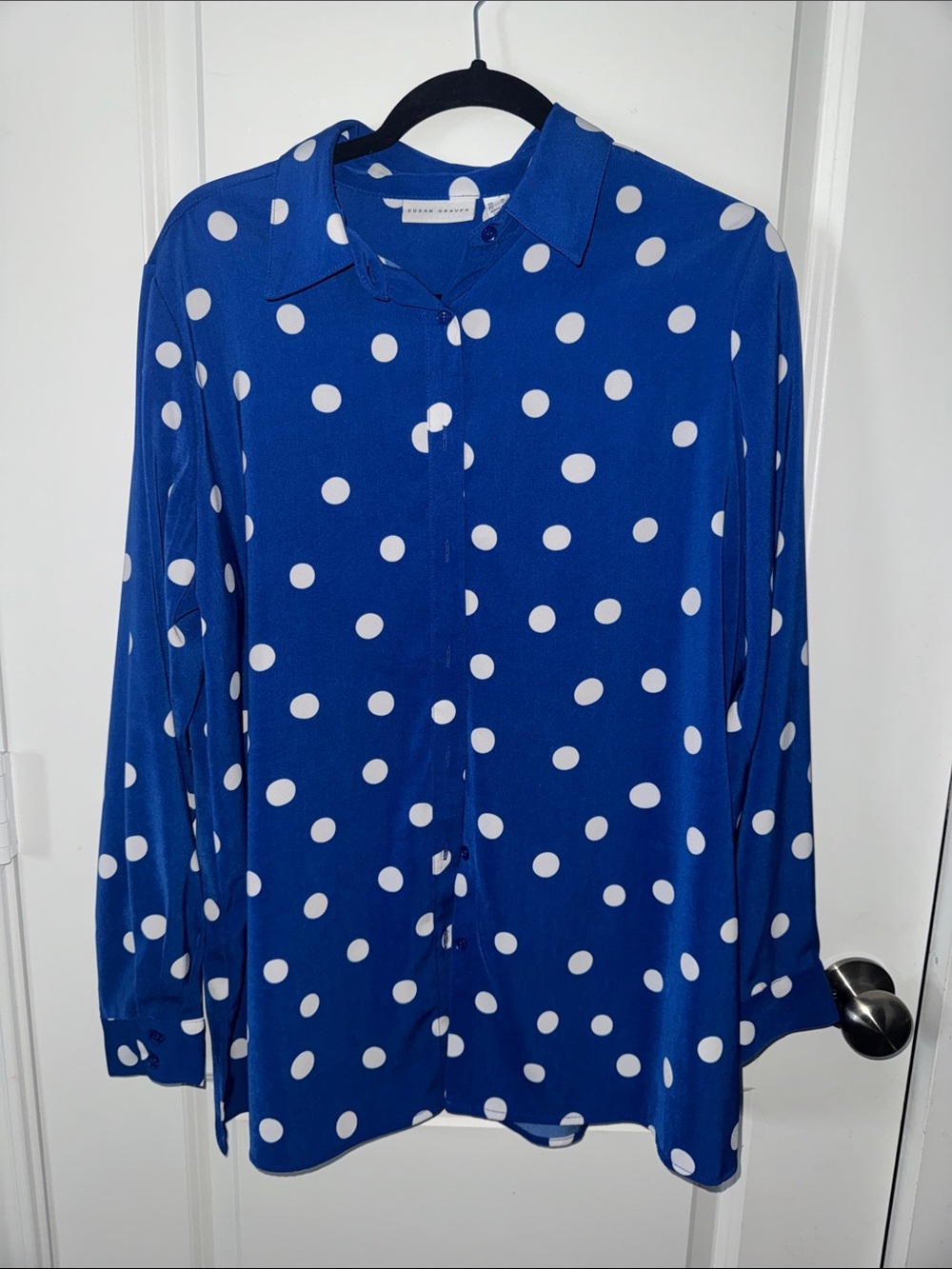 Susan Graver Big Shirt Royal Blue and White Polka Dot Button-Down Sz M